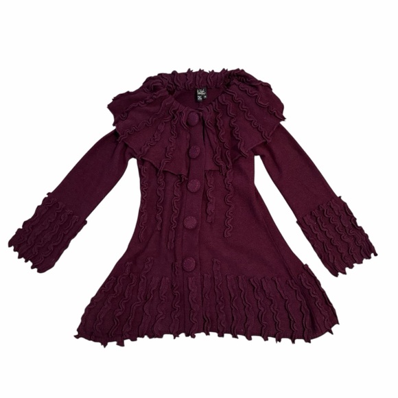 Covelo Sweaters - CoVelo Ruffle Cardigan Long Sweater Wool Blend Deep Purple Whimsical Small